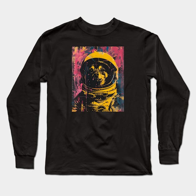 Vintage and vivid jack russel mix dog astronaut portrait Long Sleeve T-Shirt by etherElric